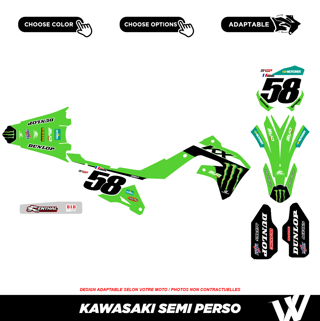 Kit déco KAWASAKI23 BLANC | Semi Personnalisable